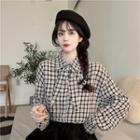 Tied Collar Color Block Plaid Long-sleeve Top Black & Almond - One Size
