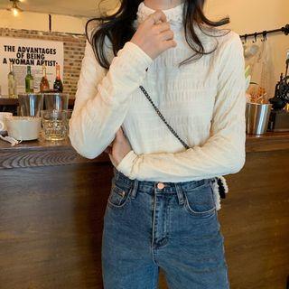 Long-sleeve Mock Neck Crinkled Blouse