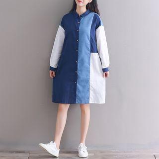 Long-sleeve Color Block Shirtdress