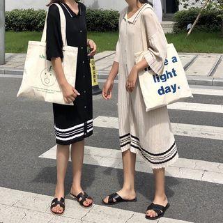 Elbow-sleeve Striped Panel Midi Knit Dress