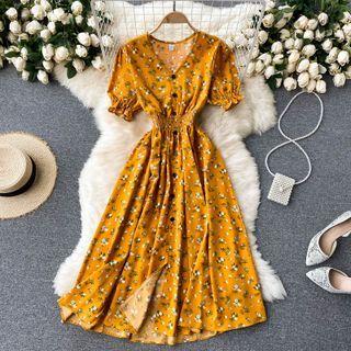 V-neck Floral Puff-sleeve Slit Dress