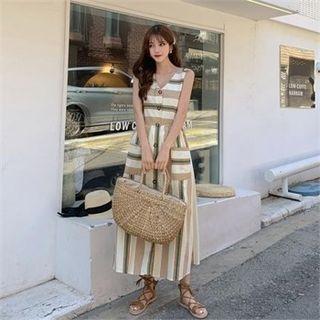 Button-front Tie-back Stripe Dress Beige - One Size