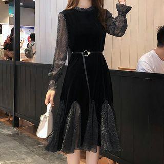 Glitter Mesh Panel Long-sleeve Midi Shift Dress