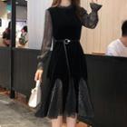 Glitter Mesh Panel Long-sleeve Midi Shift Dress