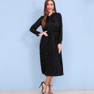 Dotted Tie-neck Long-sleeve Midi Shift Dress