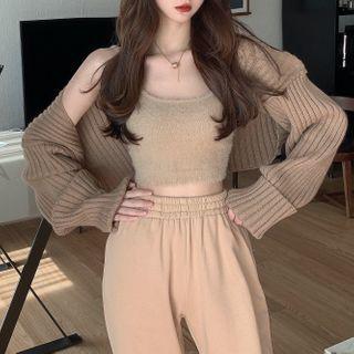 Fluffy Knit Camisole Top / Cropped Harem Pants / Cardigan