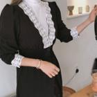 Plunge-neck Lace-trim Buttoned Midi Dress Black - One Size