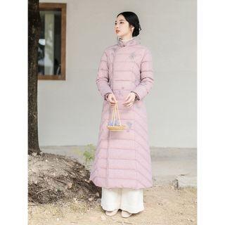 Floral Embroidered Padded Button-up Long Coat