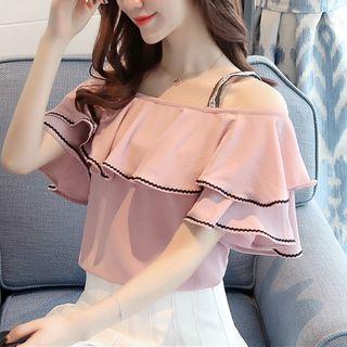 Contrast Trim Off Shoulder Elbow Sleeve Chiffon Blouse