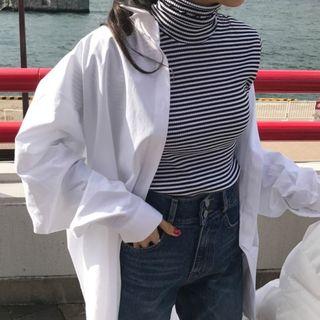 Pocketed Shirt / Striped Turtleneck Long-sleeve T-shirt