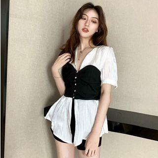 Mock Two-piece Short-sleeve Blouse As Shown In Figure - One Size