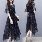 Star Print Short-sleeve A-line Midi Chiffon Dress