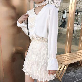 V-neck Accordion Bell-sleeve Blouse