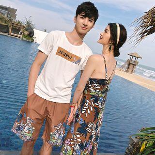 Couple Matching Floral Print Spaghetti Strap Dress / Short Sleeve T-shirt / Floral Print Shorts