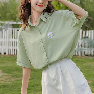 Elbow-sleeve Floral Embellished Shirt