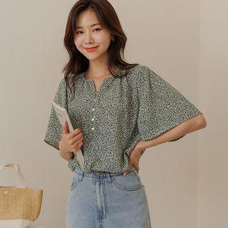 Bell-sleeve Notch-neck Floral Blouse