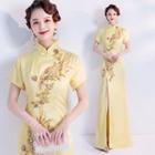 Short-sleeve Embellished A-line Maxi Qipao Dress