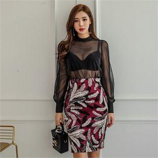 Mock-neck Puff-shoulder Sheer Blouse