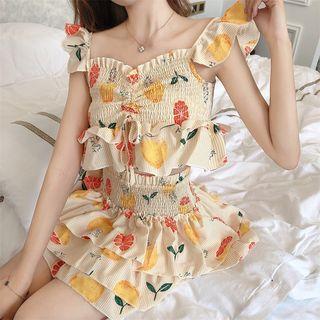 Drawstring Ruffle Trim Cropped Tank Top / Layered Printed Mini Skirt