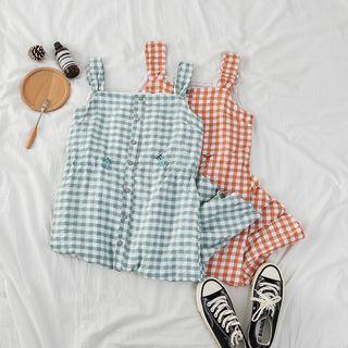 Sleeveless Drawstring Gingham Ruffle Dress