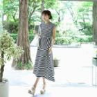 Cap-sleeve Striped A-line Dress Navy Blue - One Size