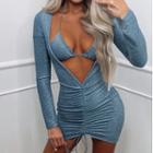 Set: Long-sleeve Drawstring Mini Bodycon Dress + Halter Crop Top