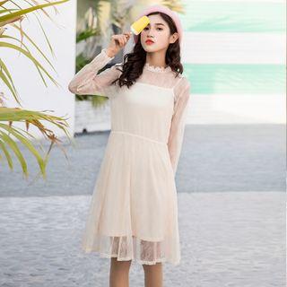 Set: Plain Slipdress + Lace Long-sleeve Dress