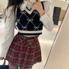 Blouse / Cropped Sweater Vest / Plaid Mini A-line Skirt