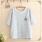 Embroidered Round-neck Striped Top