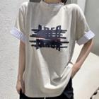 Mock Two-piece Striped Panel Printed Short-sleeve T-shirt