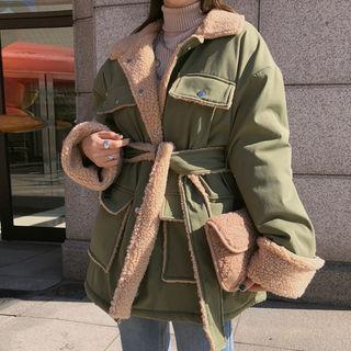 Faux-shearling Safari Jacket With Sash Khaki - One Size