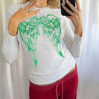 Long Sleeve Roses & Wings Print T-shirt