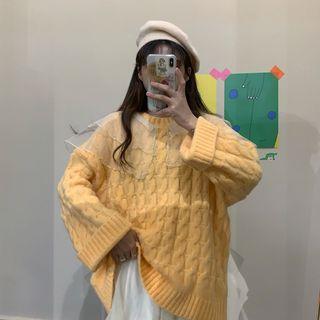 Long-sleeve Mesh Panel Cable Knit Top