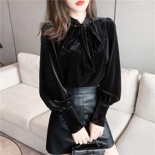 Puff-sleeve Tie-neck Velvet Blouse