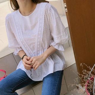 Bell-sleeve Lace-detail Dotted Top Ivory - One Size