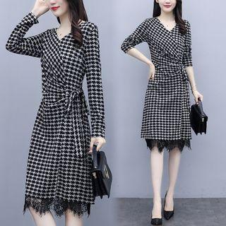 V-neck Tie Waist Lace Hem Dress