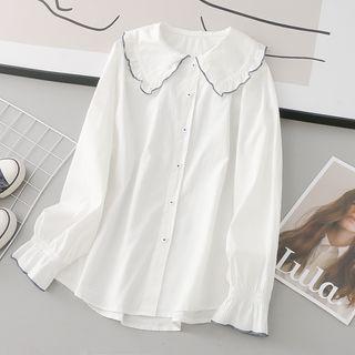 Collar Contrast Stitching Blouse White - One Size