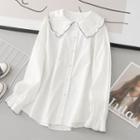 Collar Contrast Stitching Blouse White - One Size