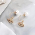 925 Sterling Silver Faux Pearl Rhinestone Fan Drop Earring Es597 - One Size