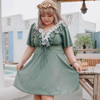 Set: Short-sleeve Frill Trim Swim Dress + Shorts