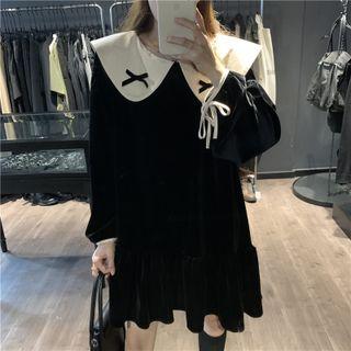 Long-sleeve Peter Pan Collar Velvet A-line Dress Black - One Size