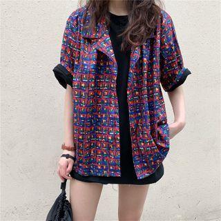 Short-sleeve Plaid Shirt Red & Blue & Green - One Size