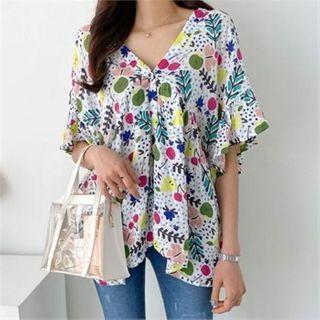 V-neck Printed Ruffle-hem Top White - One Size