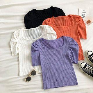 Plain Crewneck Rib-knit Short-sleeve Top