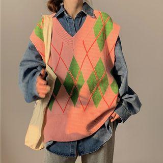 V-neck Argyle Knit Vest Pink - One Size
