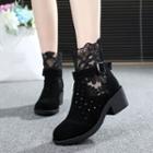 Genuine-leather Cutout Lace-panel Short Boots