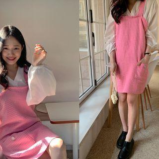 Dual-pocket Tweed Overall Dress