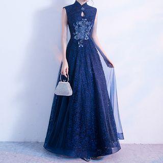 Stand-collar Sleeveless Evening Dress