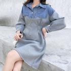 Denim Panel Long-sleeve Collared Dress