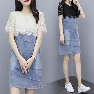 Short-sleeve Lace Panel Mini Denim Dress
